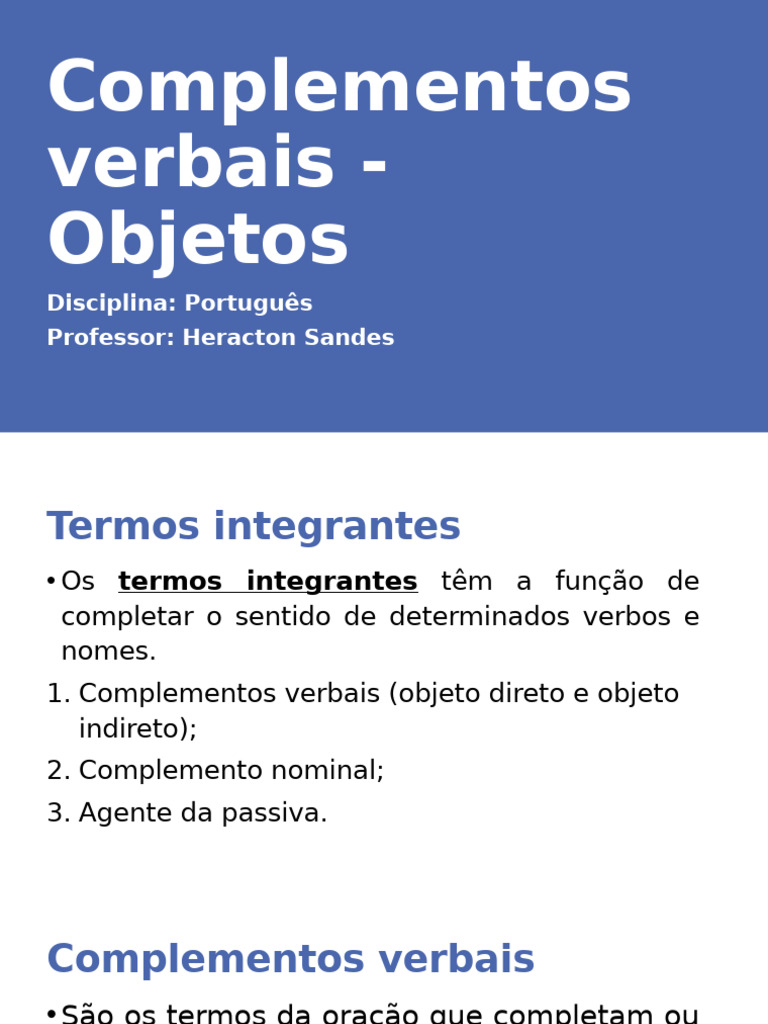 Complementos Verbais - Objetos (Slide) | PDF | Objeto (gramática) | Pronome