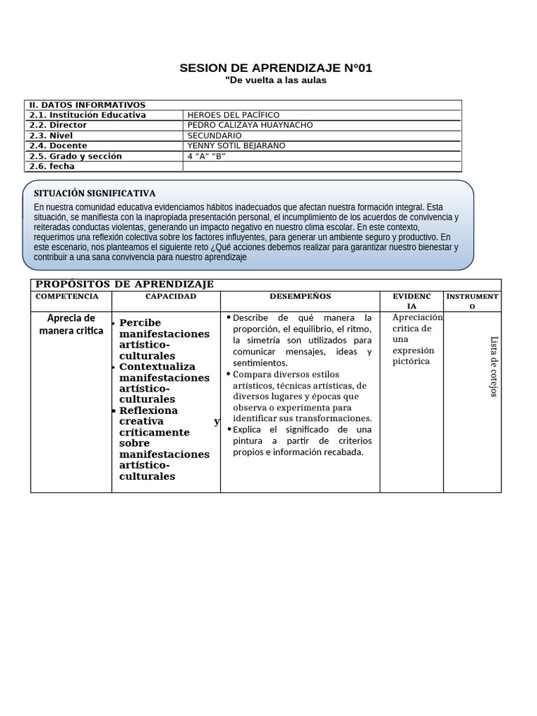 1-3ro ARTE Y CULTURA - SESION-2024 | PDF | Aprendizaje | Maestros