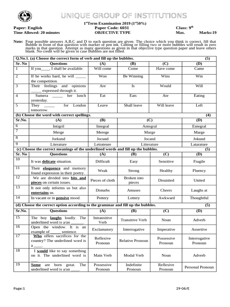 English 9th 1st 50% 29-6-19 | PDF | Pronoun | Verb