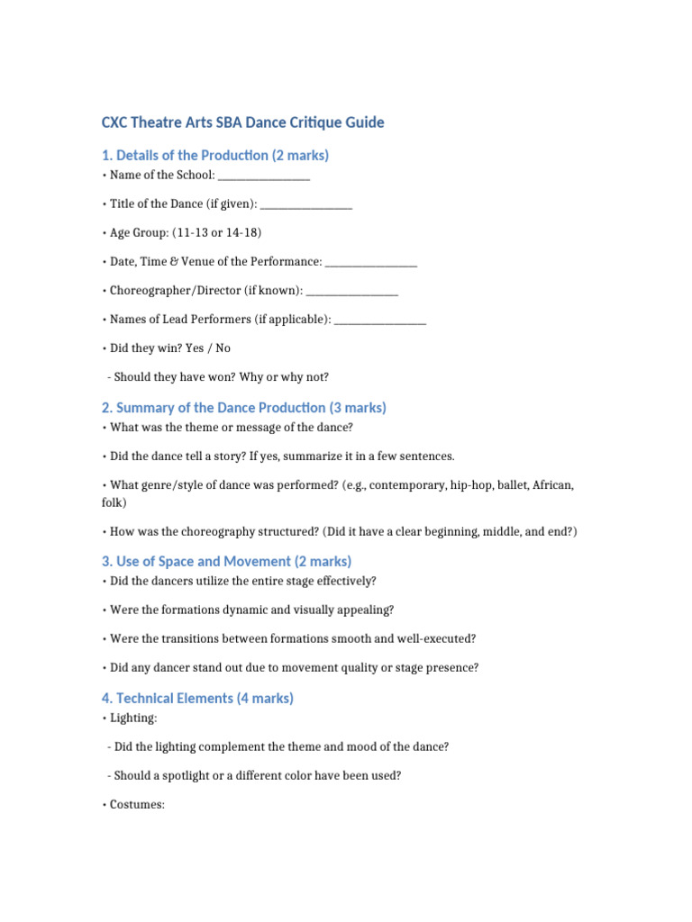 Dance Critique Guide for CXC SBA | PDF | Dances | Choreography