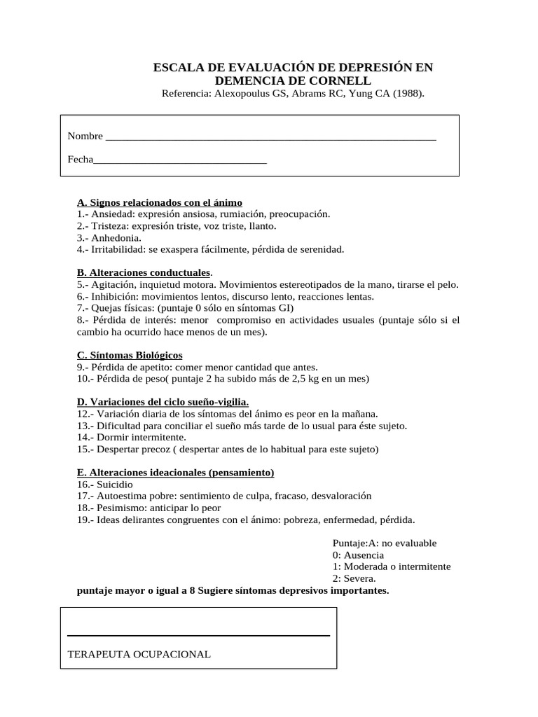 Evaluación Depresión en Demencia: Escala Cornell | PDF