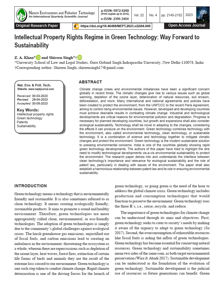 Intellectual Property Rights Regime in Green Technology Way Forward To ...