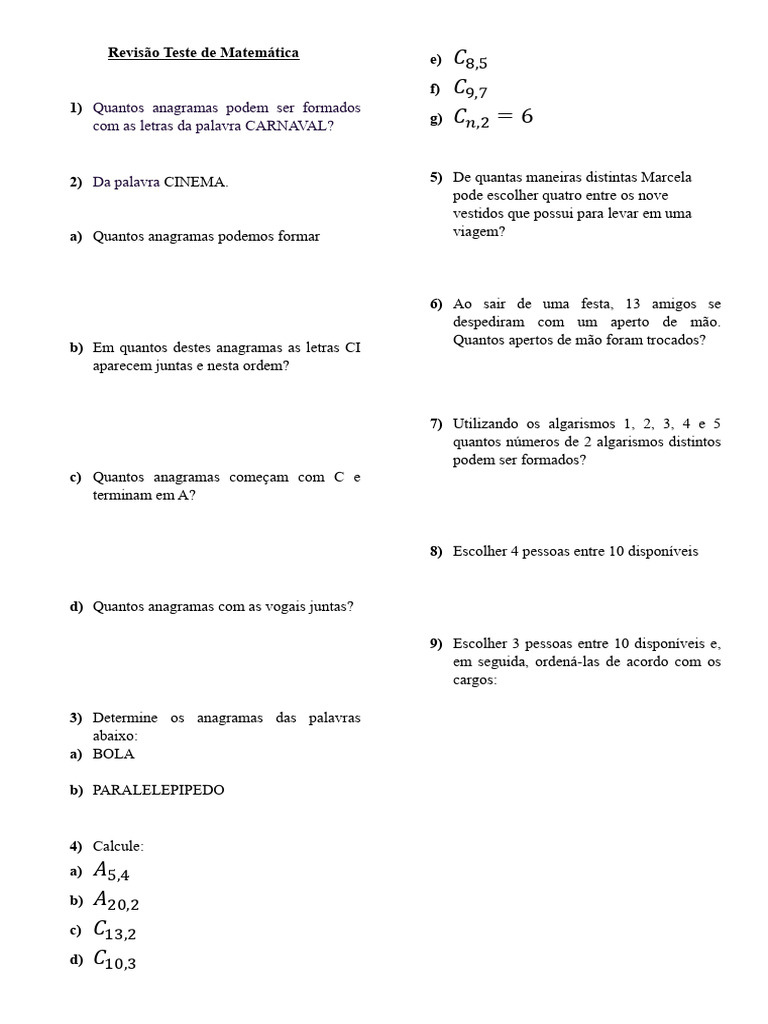 Revisão Teste de Matemática | PDF