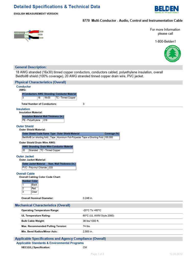 8770 Multi-Conductor Cable Specifications | PDF | Electrical Conductor ...