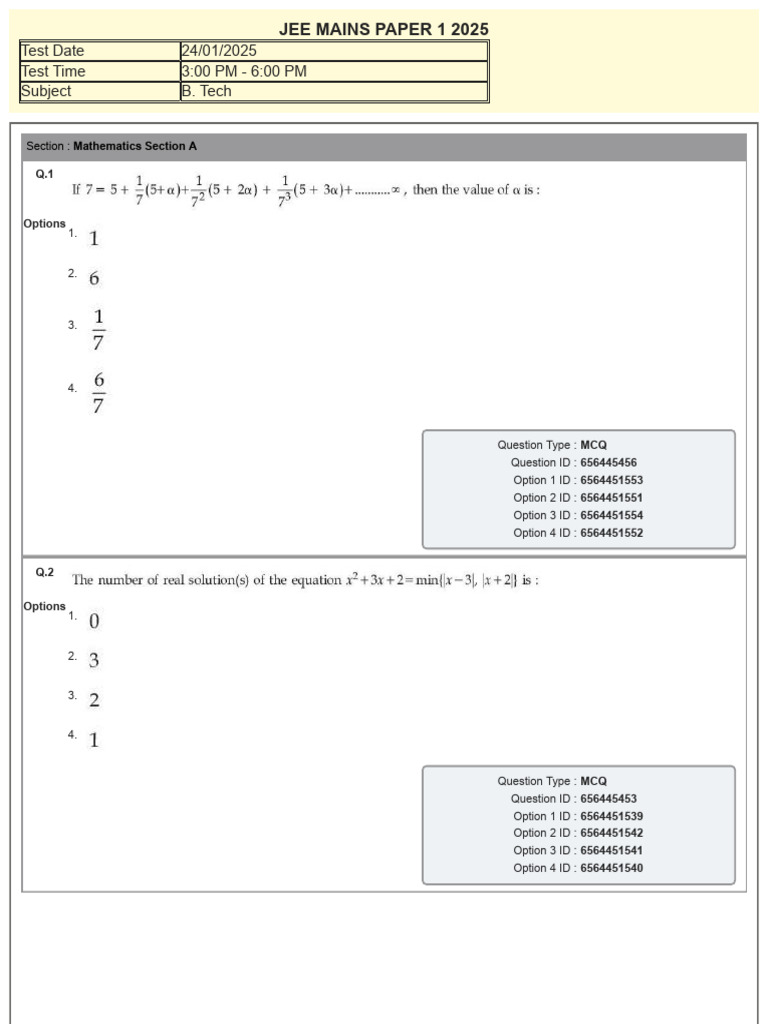 JEE Mains 2025: Jan 24 Shift 2 Paper | PDF | Multiple Choice | Tests