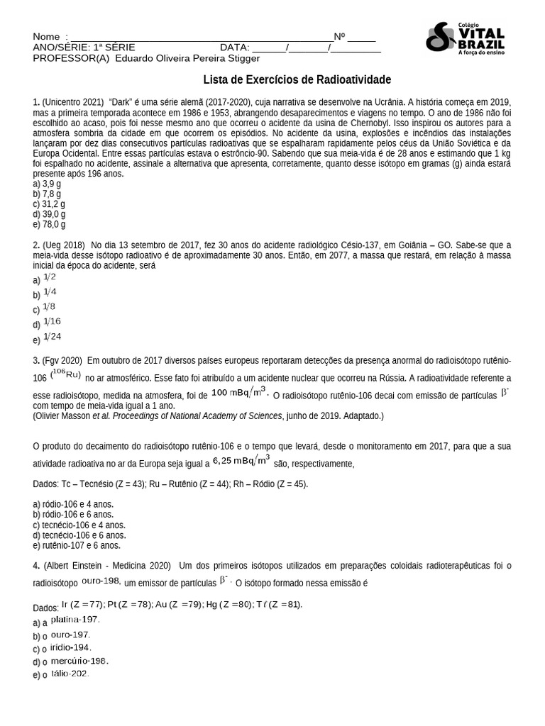 Exercícios sobre Radioatividade | PDF | Radioatividade | Radiação ionizante
