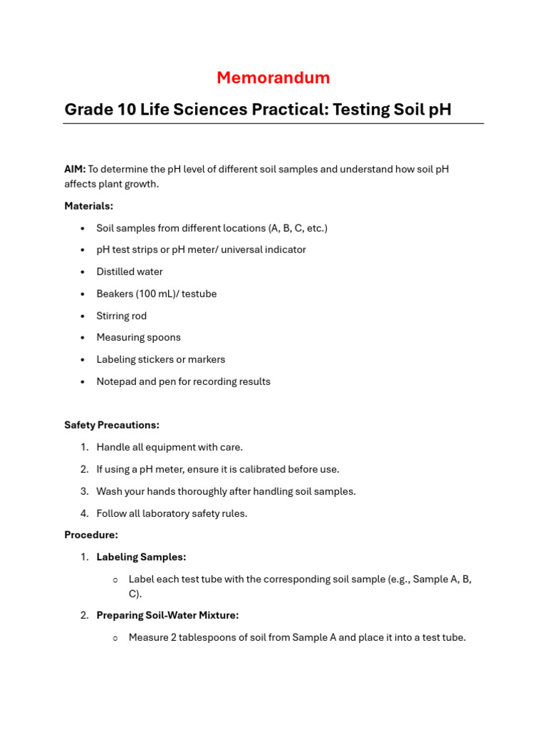 Grade 10 Soil pH Investigation Memo | PDF | Soil | Ph