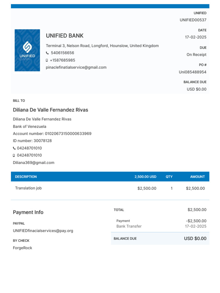 Unified Bank Payment Invoice Summary | PDF | Banking | Banking Technology