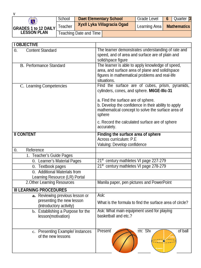 Surface Area of Spheres Lesson Plan | PDF | Sphere | Area