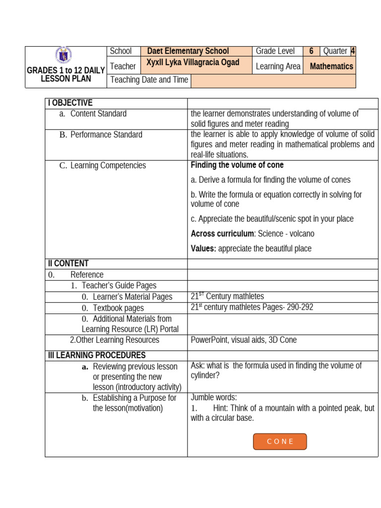 Grade 6 Math Lesson: Volume of Cones | PDF | Volume | Learning