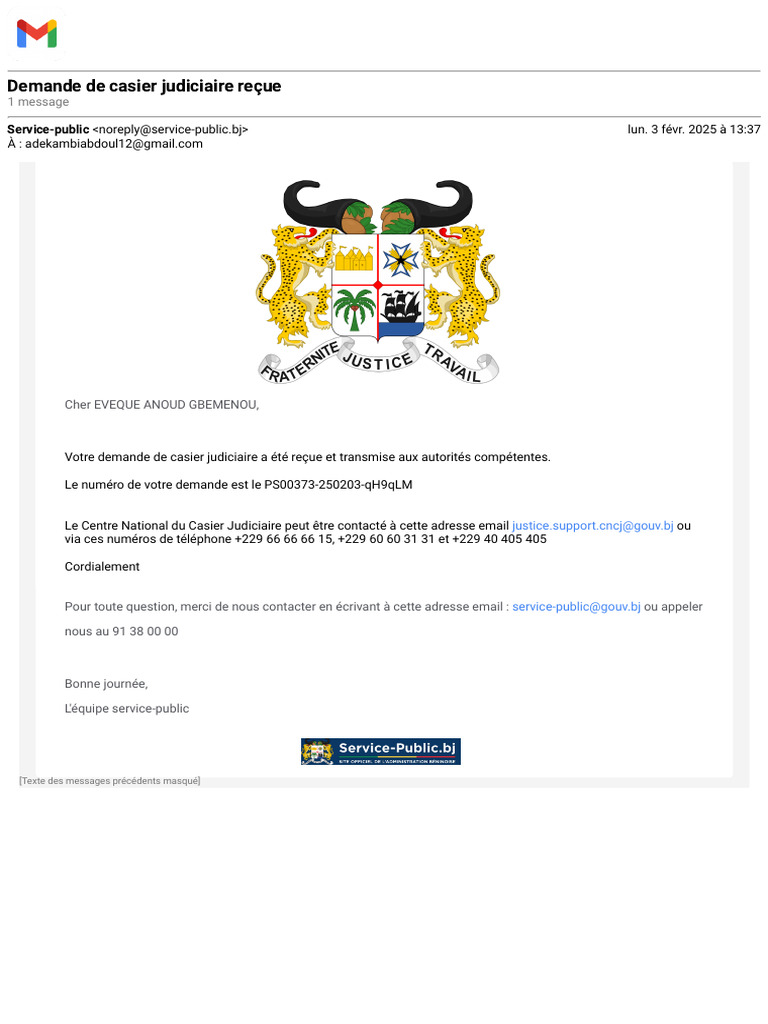 Confirmation de demande de casier judiciaire | PDF