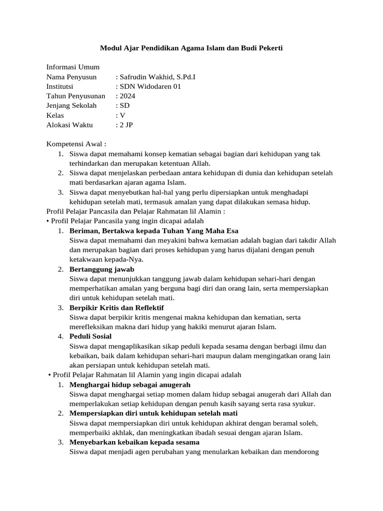 Modul Ajar PAI Kelas 5 SD 2024 | PDF