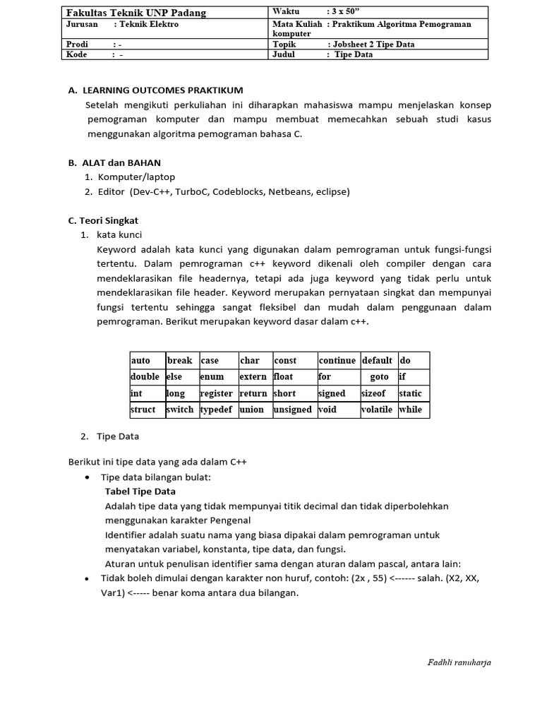 Tipe Data dalam Pemrograman C++ | PDF