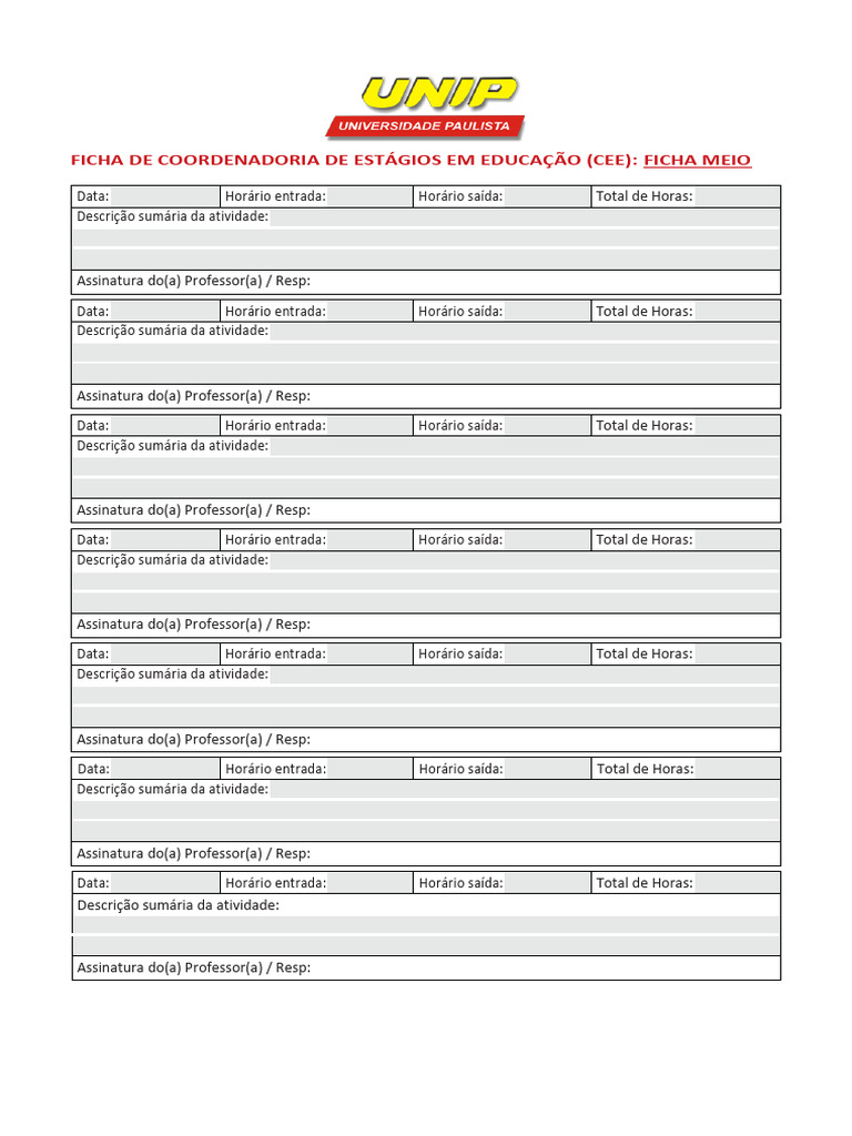 Ficha de Estágio em Educação UNIP | PDF