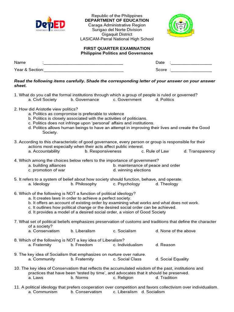 Philippine Politics and Governance Exam | PDF | Power (Social And ...