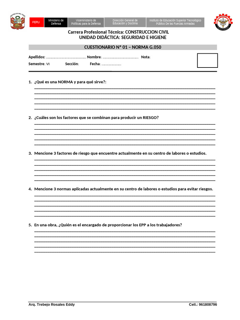 Cuestionario sobre Seguridad e Higiene en Construcción Civil | PDF