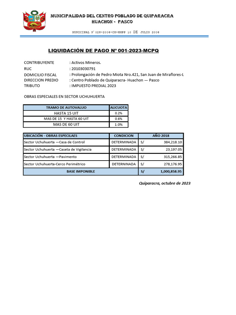 Impuesto Predial 2023 Quiparacra Pasco | PDF | Impuestos | Finanzas del ...
