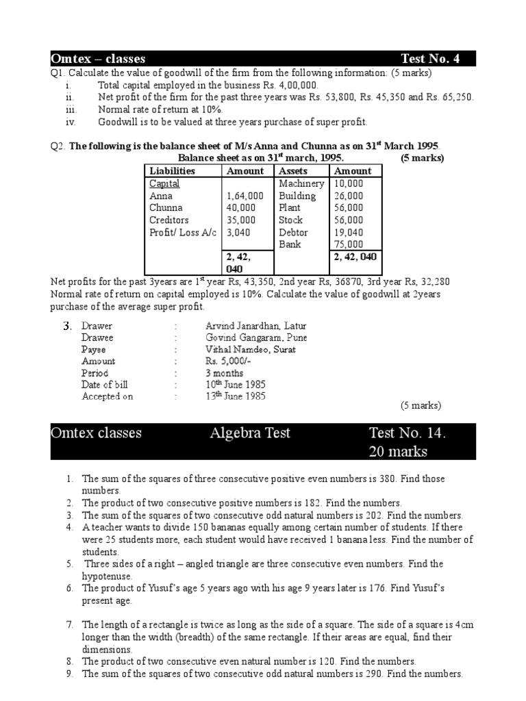 Goodwill and Algebra Test Solutions | PDF | Goodwill (Accounting ...