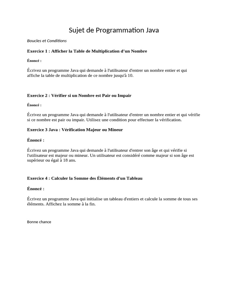 Exercices de Programmation Java L1 | PDF