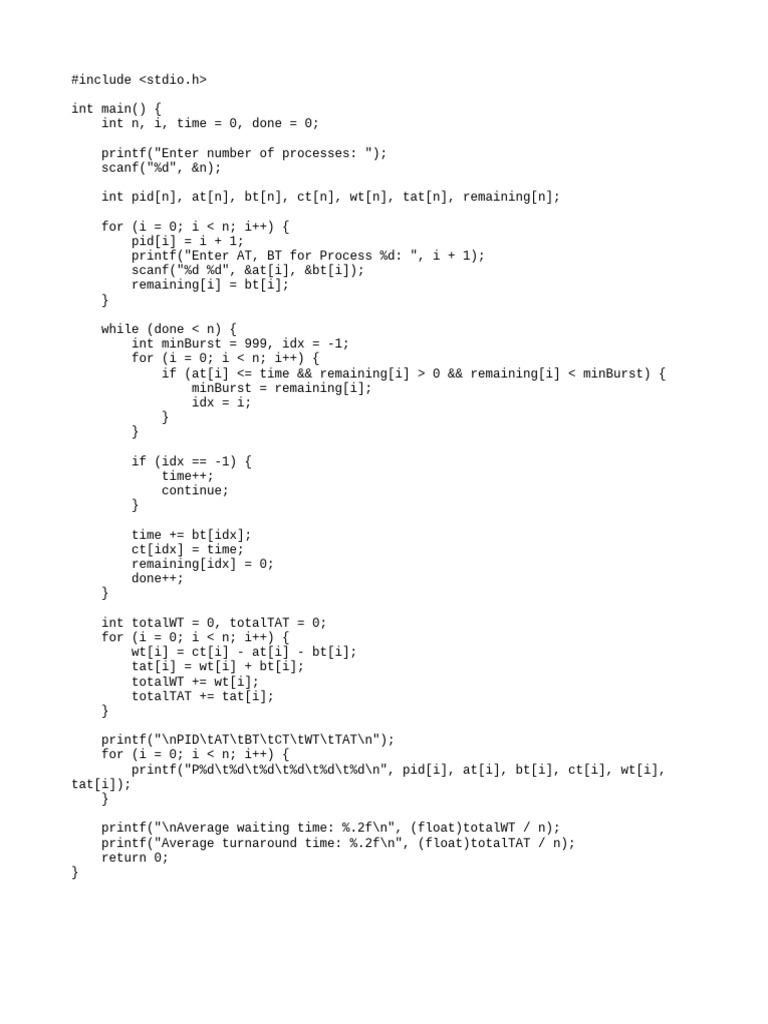 Process Scheduling in C: SJF Algorithm | PDF