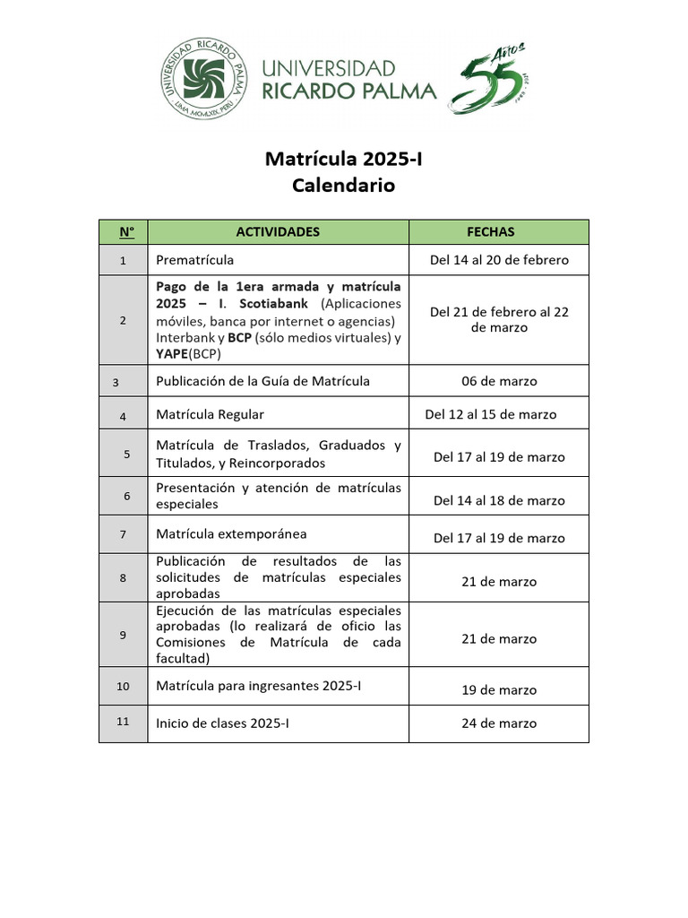 Calendario de Matricula 2025 I PDF | PDF
