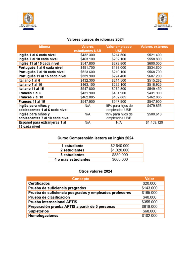 Valores Cursos de Idiomas 2024 | PDF | Idiomas | Estudios de idiomas ...