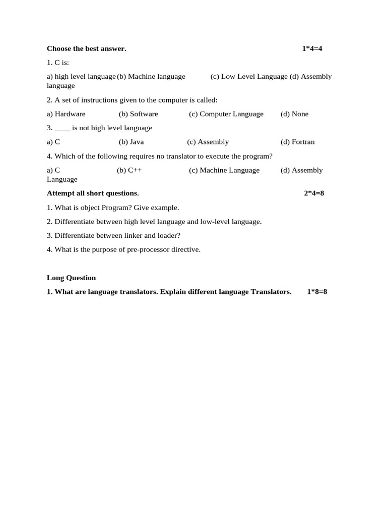 C Language and Programming Concepts Quiz | PDF
