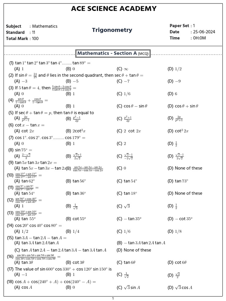 Trigonometry MCQ Paper Set 1 | PDF | Mathematics | Elementary Mathematics