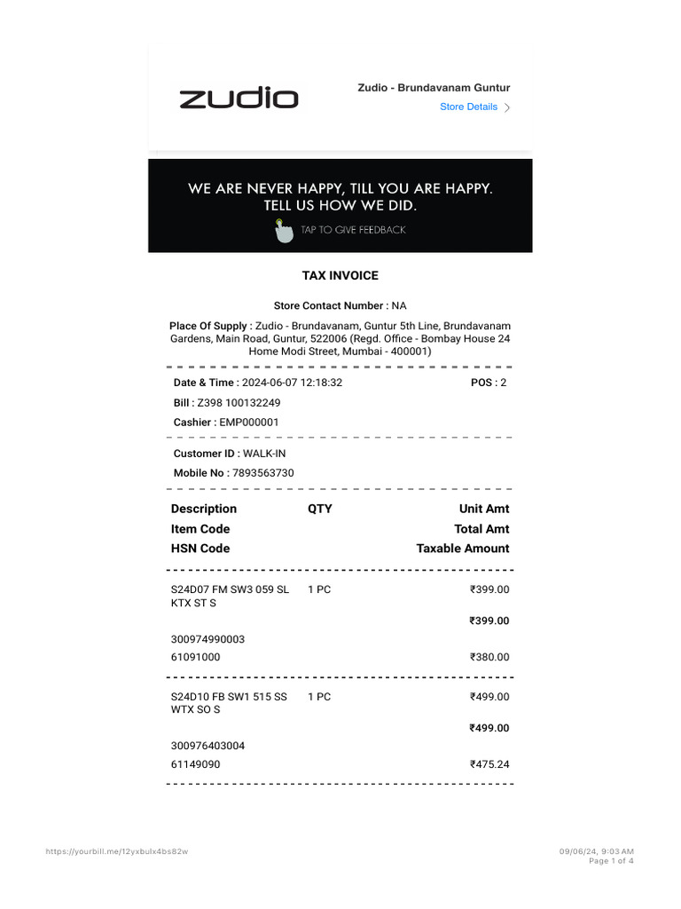 Zudio Guntur Store Invoice Details | PDF | Money | Taxation