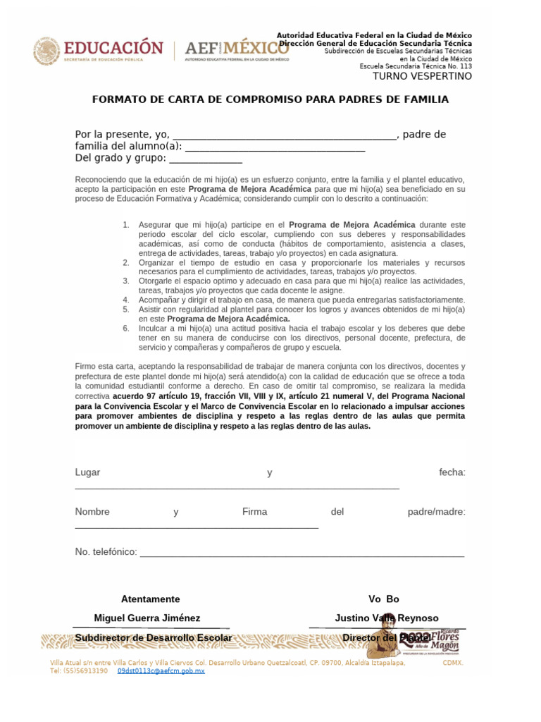 Carta de Compromiso Escolar para Padres | PDF | Maestros | Aprendizaje