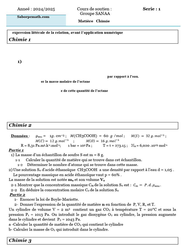 Calculs de chimie : quantités et gaz parfaits | PDF | Pression | Densité