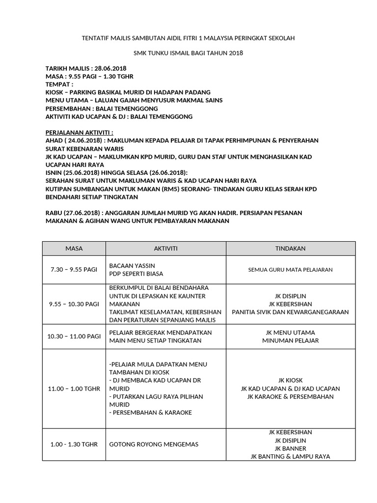 TENTATIF Majlis Hari Raya 2018 | PDF