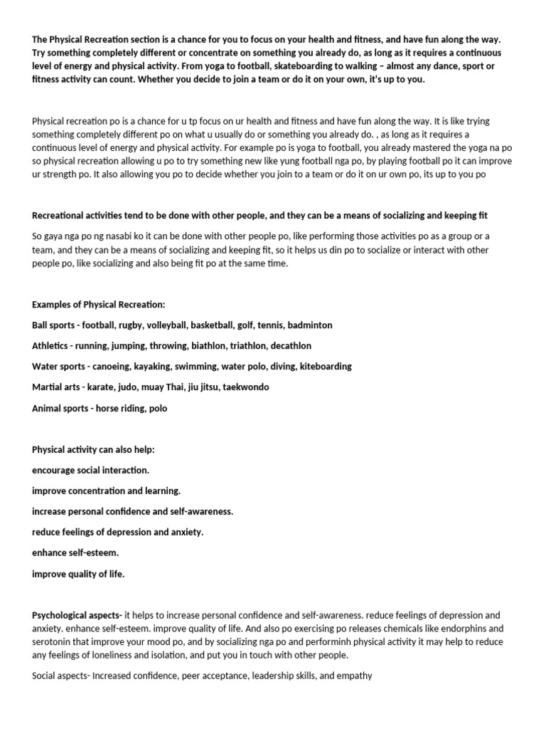 Benefits of Physical Recreation Activities | PDF | Mind | Self Esteem