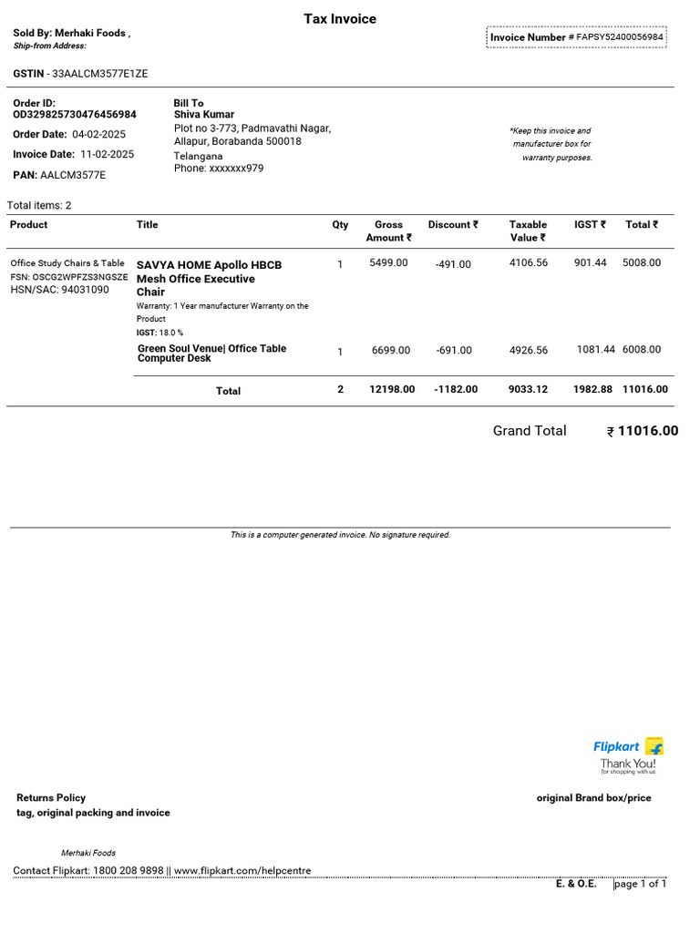 Savya Home Office Chair Invoice | PDF | Payments | Taxes