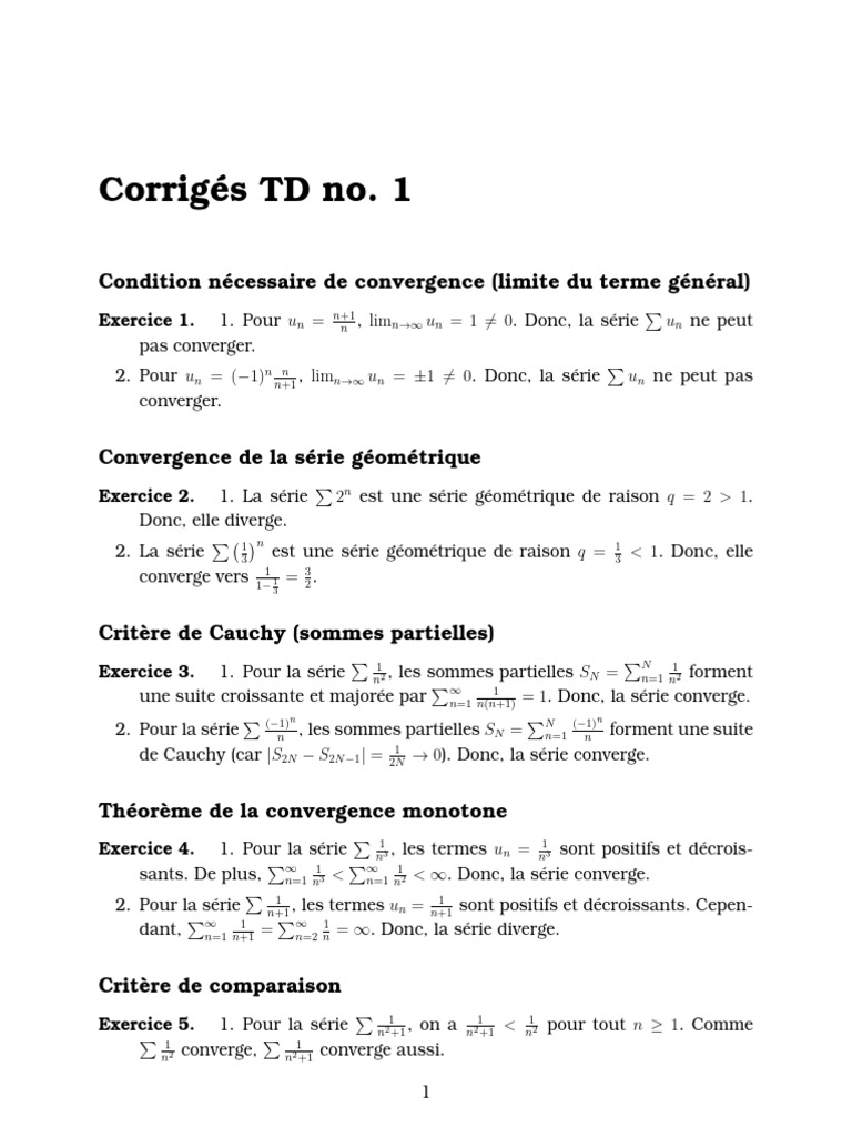 Corrigés TD 1 : Convergence des séries | PDF | Analyse mathématique ...