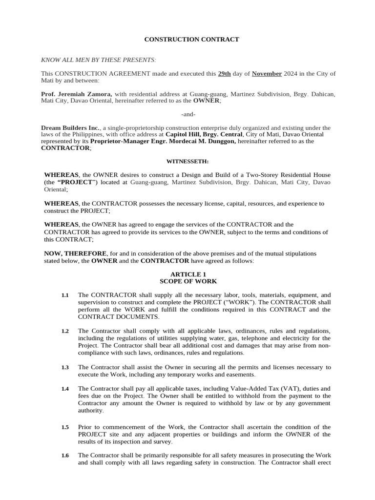 Construction Agreement for Residential Project | PDF | Guarantee ...