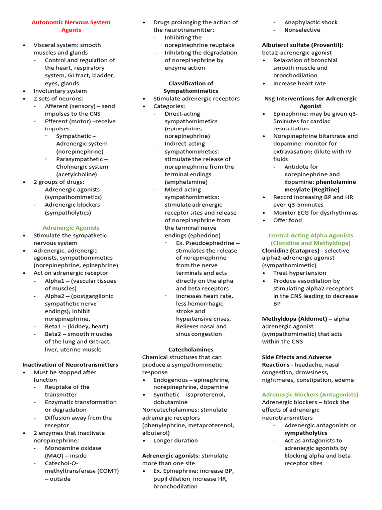 Autonomic Nervous System Agents Overview | PDF | Norepinephrine ...