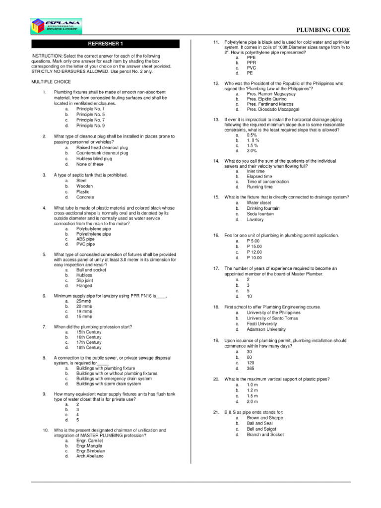 Plumbing Code - Refresher 1 | PDF