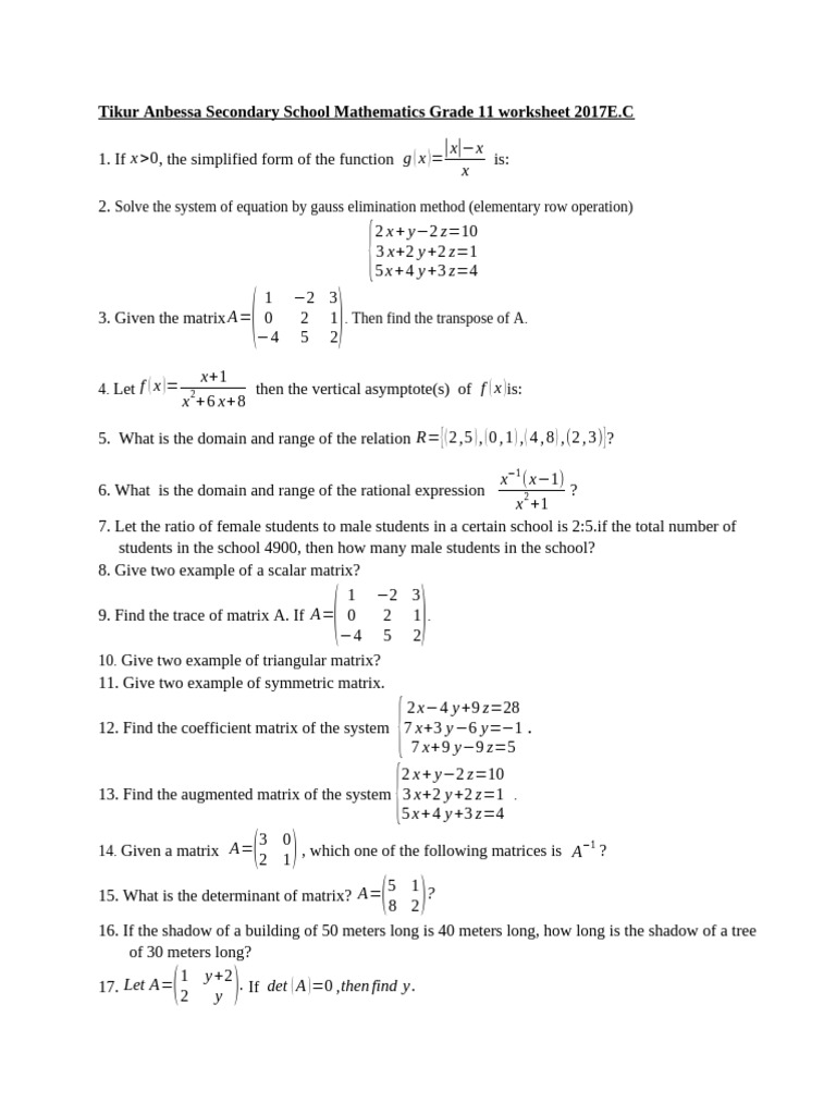 Grade 11 Math Worksheet 2017 E.C. | PDF | Matrix (Mathematics) | Algebra