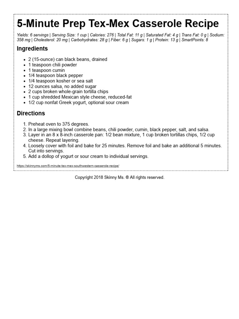 5 Min Prep Tex Mex Casserole Recipe | PDF