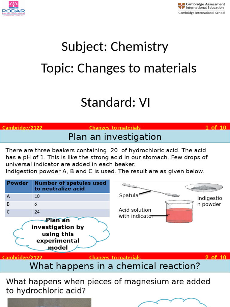 Chemical Reactions and Material Changes | PDF | Magnesium | Chloride