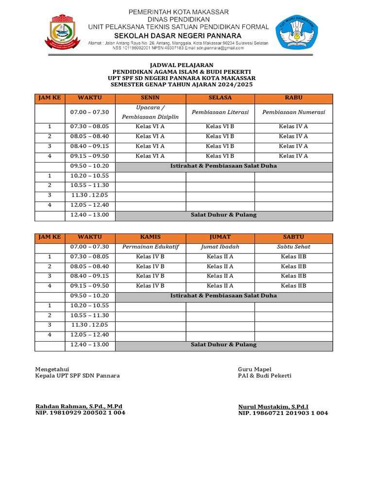 Jadwal PAI & Budi Pekerti 2024/2025 | PDF