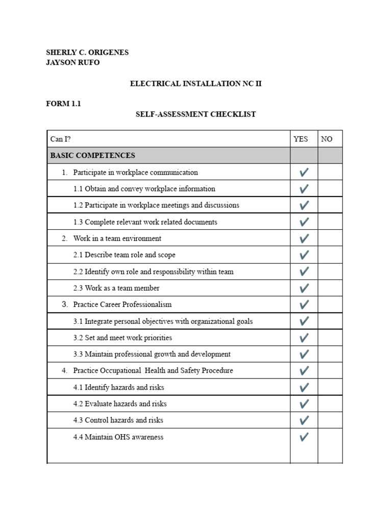Electrical Installation NC II Checklist | PDF | Electrical Wiring ...