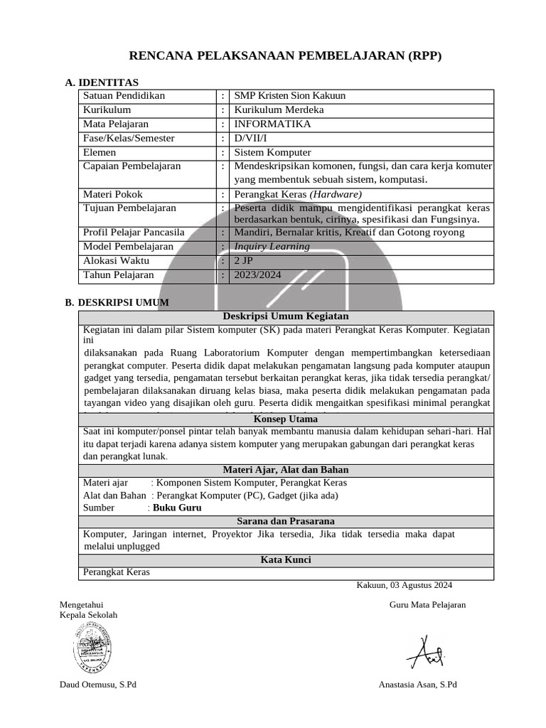RPP Informatika: Perangkat Keras SMP | PDF
