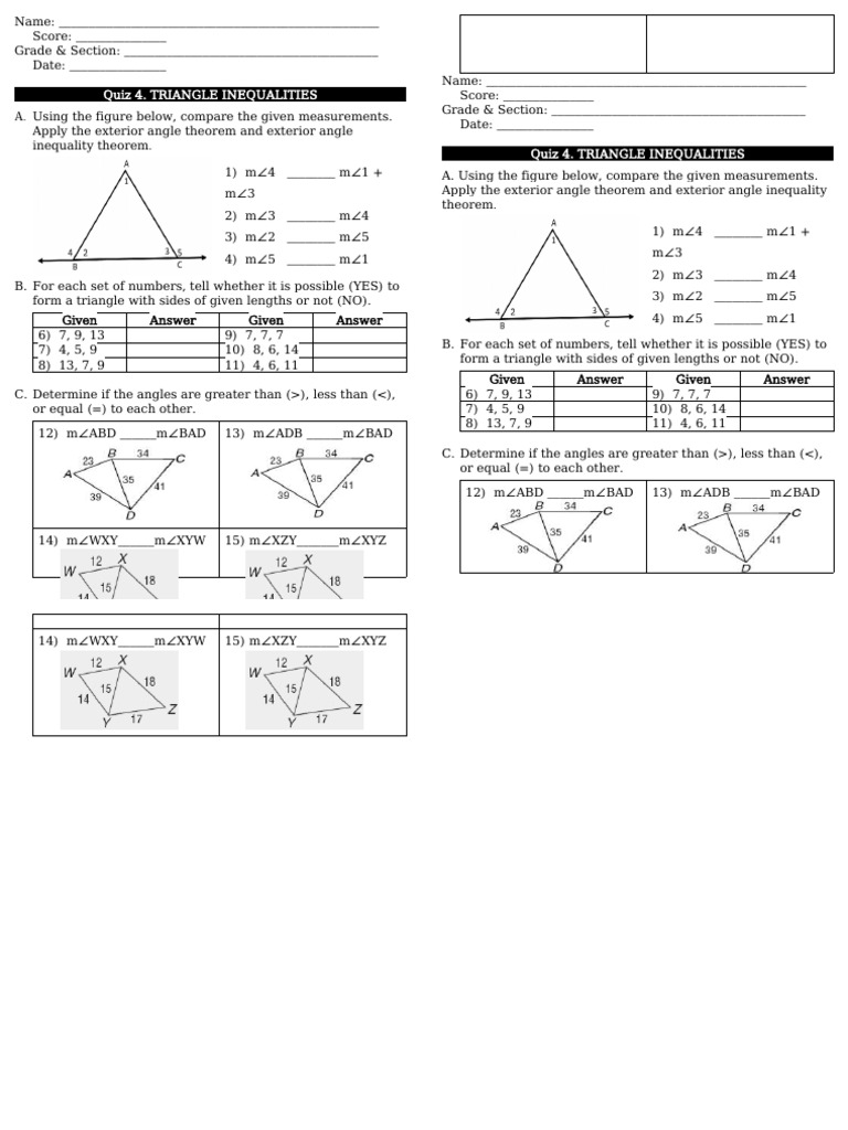 Triangle Inequalities Quiz Worksheet | PDF | Triangle | Mathematics