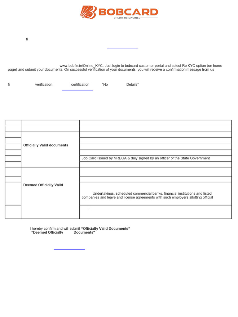 BoB Credit Card Re-KYC Instructions | PDF