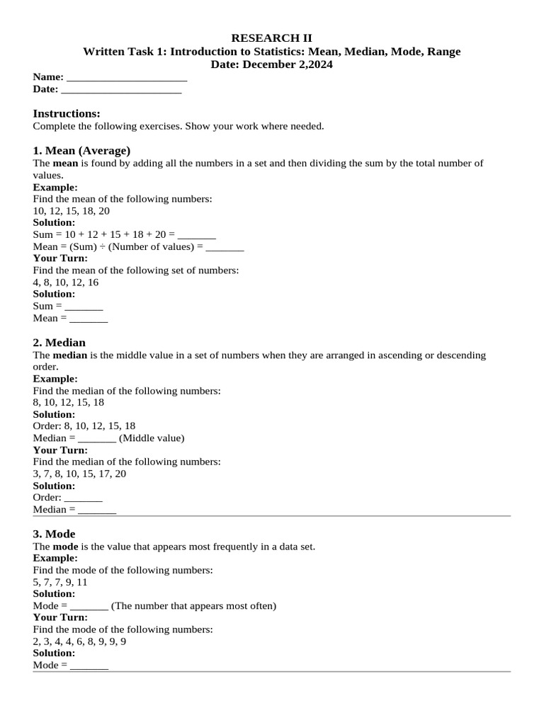 Statistics Basics: Mean, Median, Mode, Range | PDF