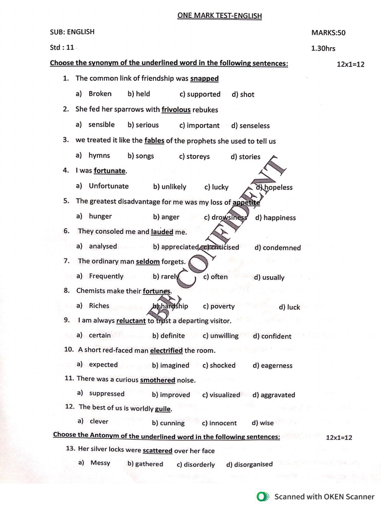 +1 Eng - One Mark - Part 1 | PDF
