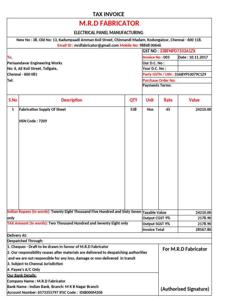 Dhanda Invoice 003 - Periaandavar Engg | PDF | Payments | Cheque