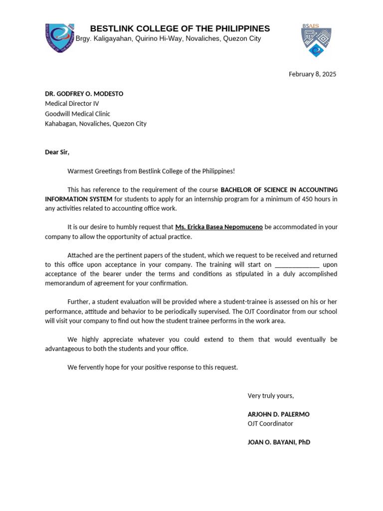Internship Request for BSAIS Student | PDF